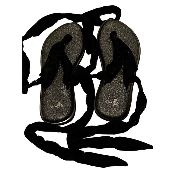Sanuk Women 7 Black Sandals Yoga Mat Sling Slingback Ankle Tie Up Casual Flats - Picture 5 of 6